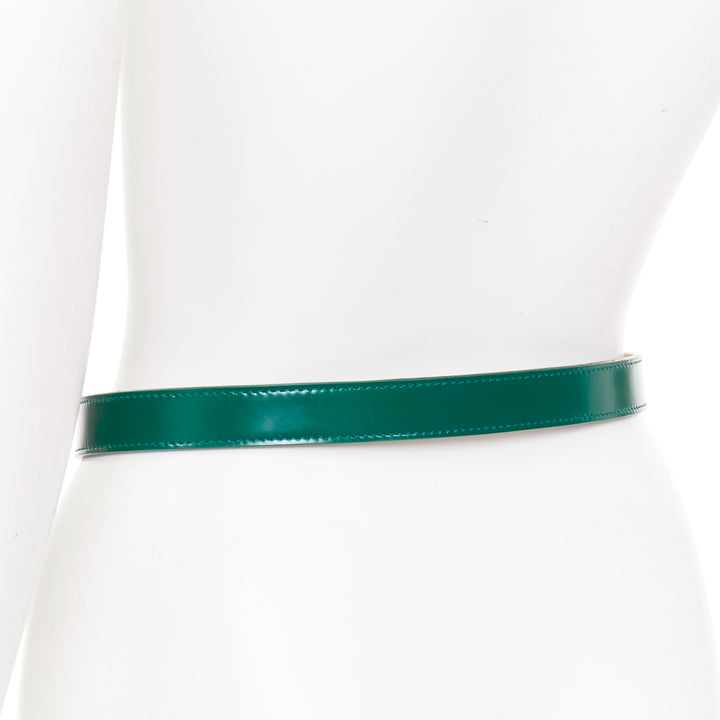 ALAIA green glossy leather silver swirl loop hook buckle skinny belt 75cm