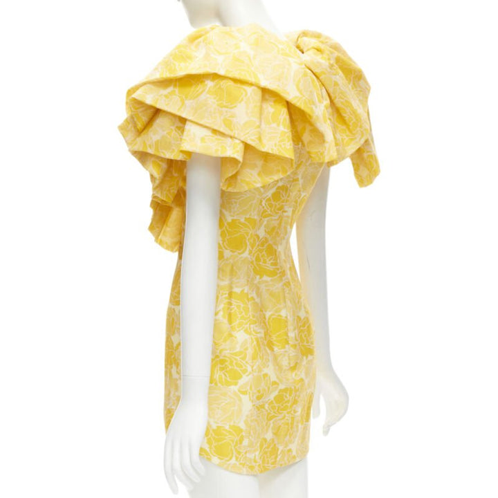 ACLER yellow floral print ruffle sweetheart neckline sheath dress US2 XS