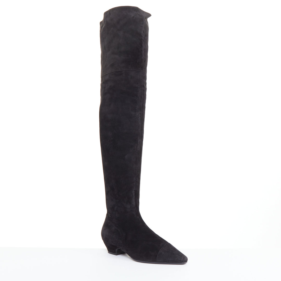 CHANEL 2018 Runway Forest Fairies black suede pointed square toe knee boots EU38
