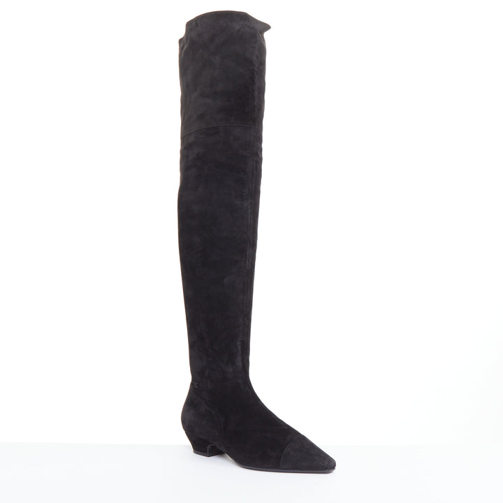 CHANEL 2018 Runway Forest Fairies black suede pointed square toe knee boots EU38