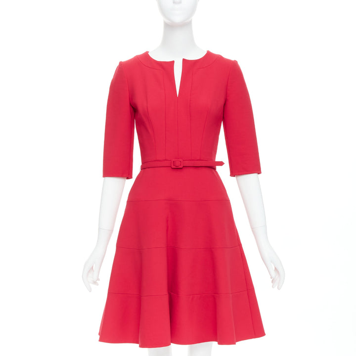 OSCAR DE LA RENTA R17 red virgin wool blend slit neck pleated belted dress US0 XS