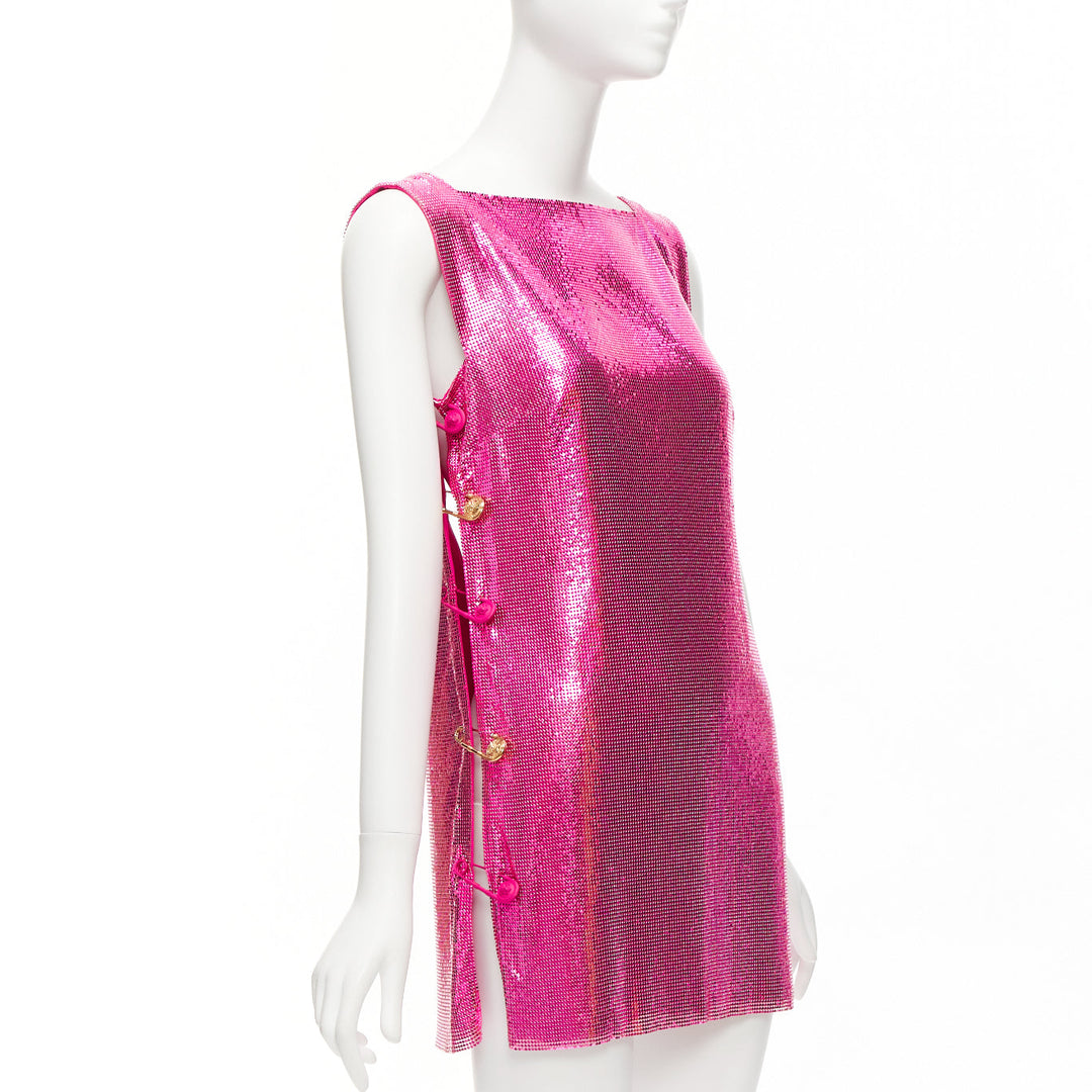 rare VERSACE 2022 Runway pink metal chainmail Medusa safety pin dress IT38 XS