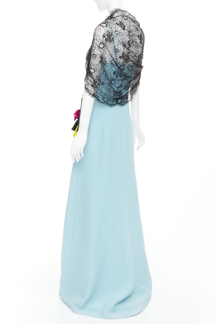 PRADA 2019  light blue black draped lace floral bouquet applique gown IT42 M