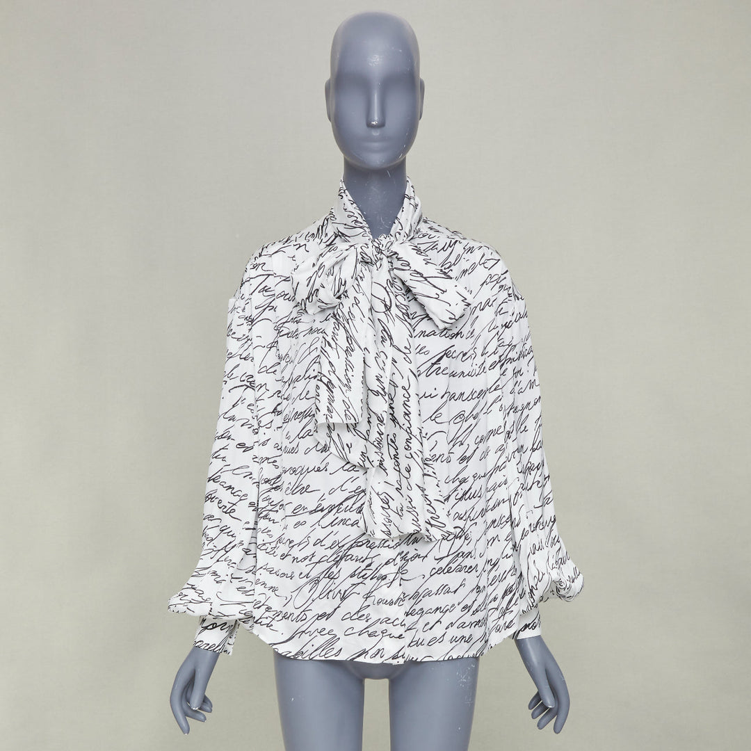 BALMAIN 2025 Love Letter Print pussybow tie neck white black blouse FR34 XS