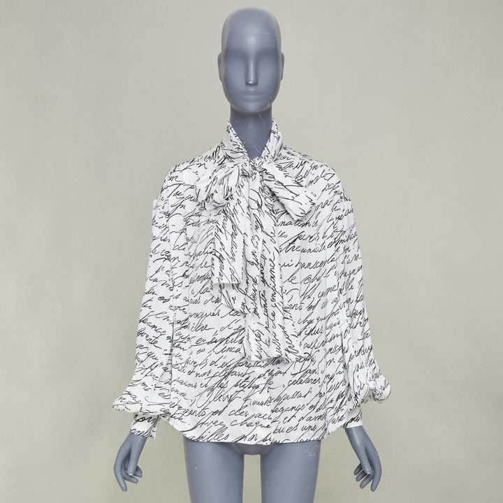 BALMAIN 2025 Love Letter Print pussybow tie neck white black blouse FR34 XS