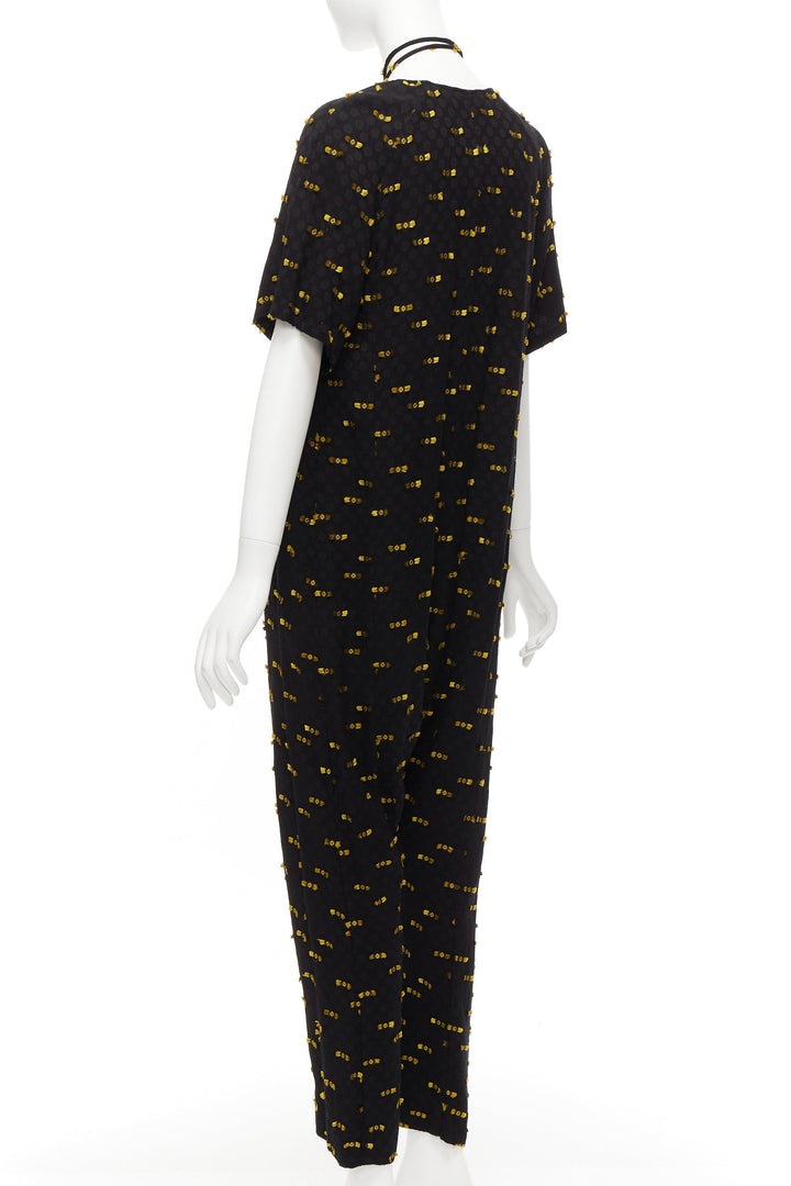 RACHEL COMEY black yellow frayed edge detail tie neck relaxed jumpsuit US0 XS