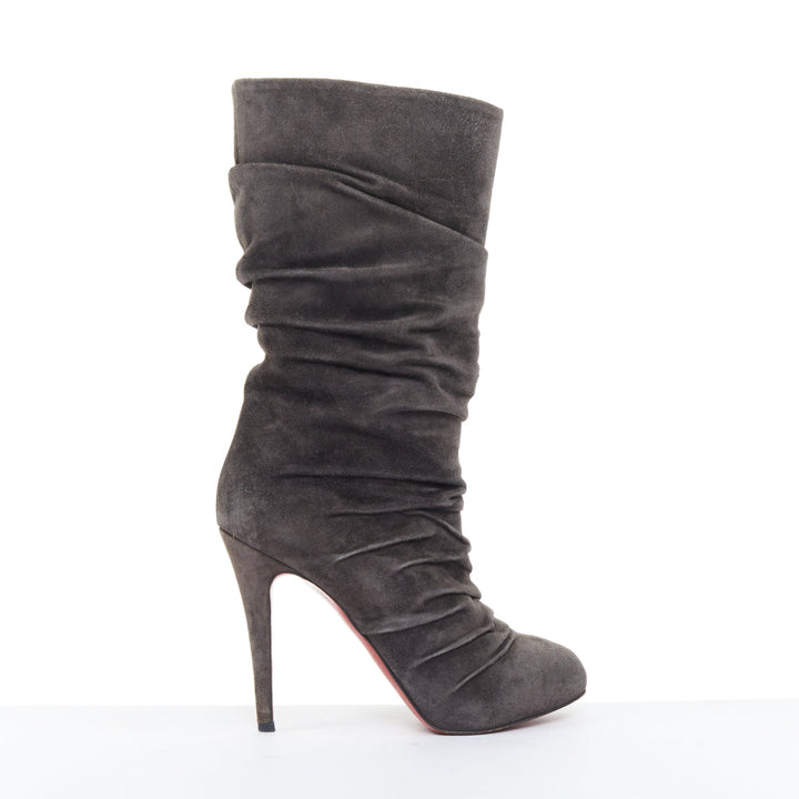 CHRISTIAN LOUBOUTIN Piros 120 charcoal gray suede ruched slouch boots EU37.5