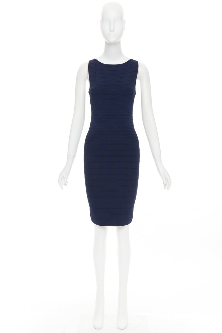 DONNA KARAN navy viscose blend bateau neck bandage bodycon dress S