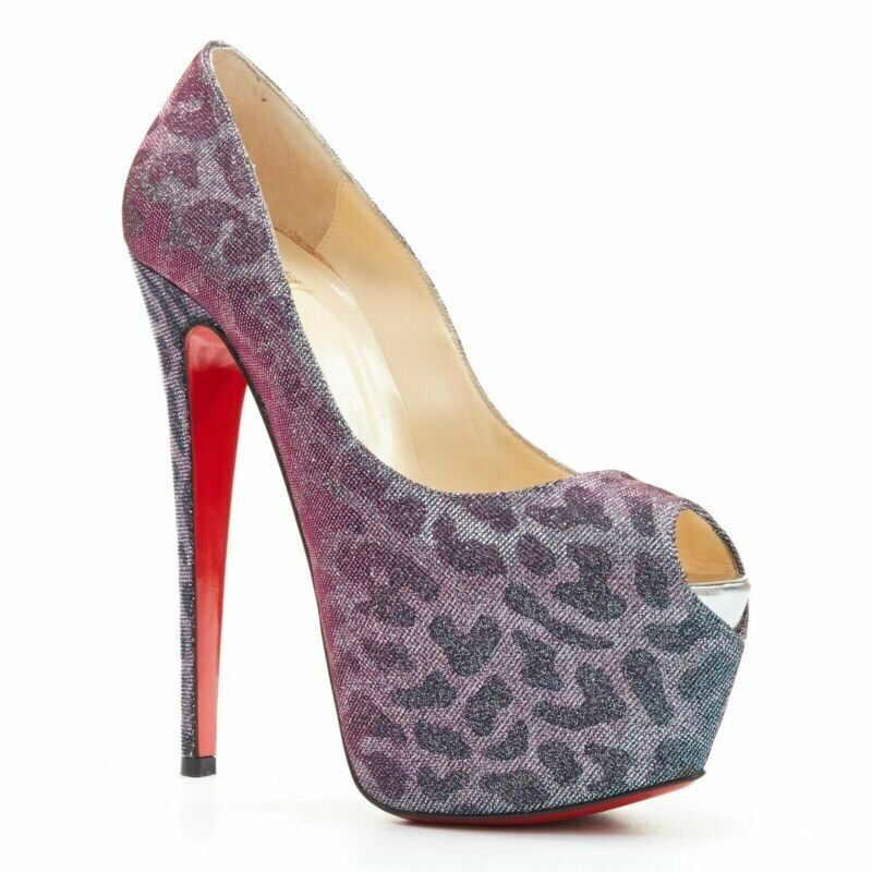 CHRISTIAN LOUBOUTIN Highness 160 blue lame leopard peep toe platform EU38