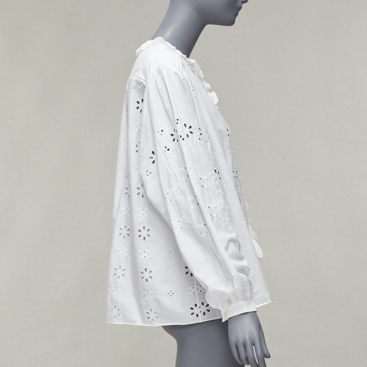 CELINE white triomphe logo lace eyelet embroidery peasant shirt FR40 L