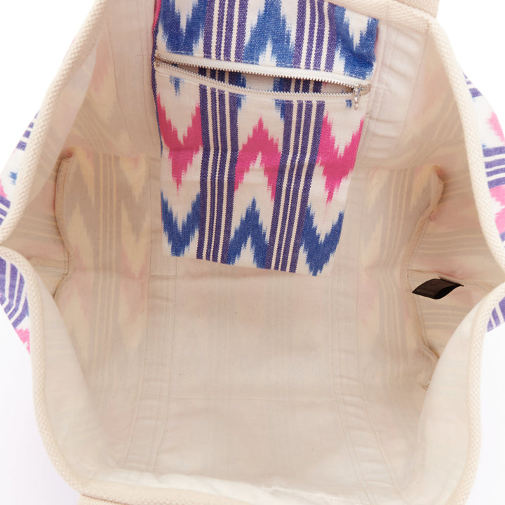 ISABEL MARANT Darwen creIkat print ecru pink blue graphic canvas logo tote bag