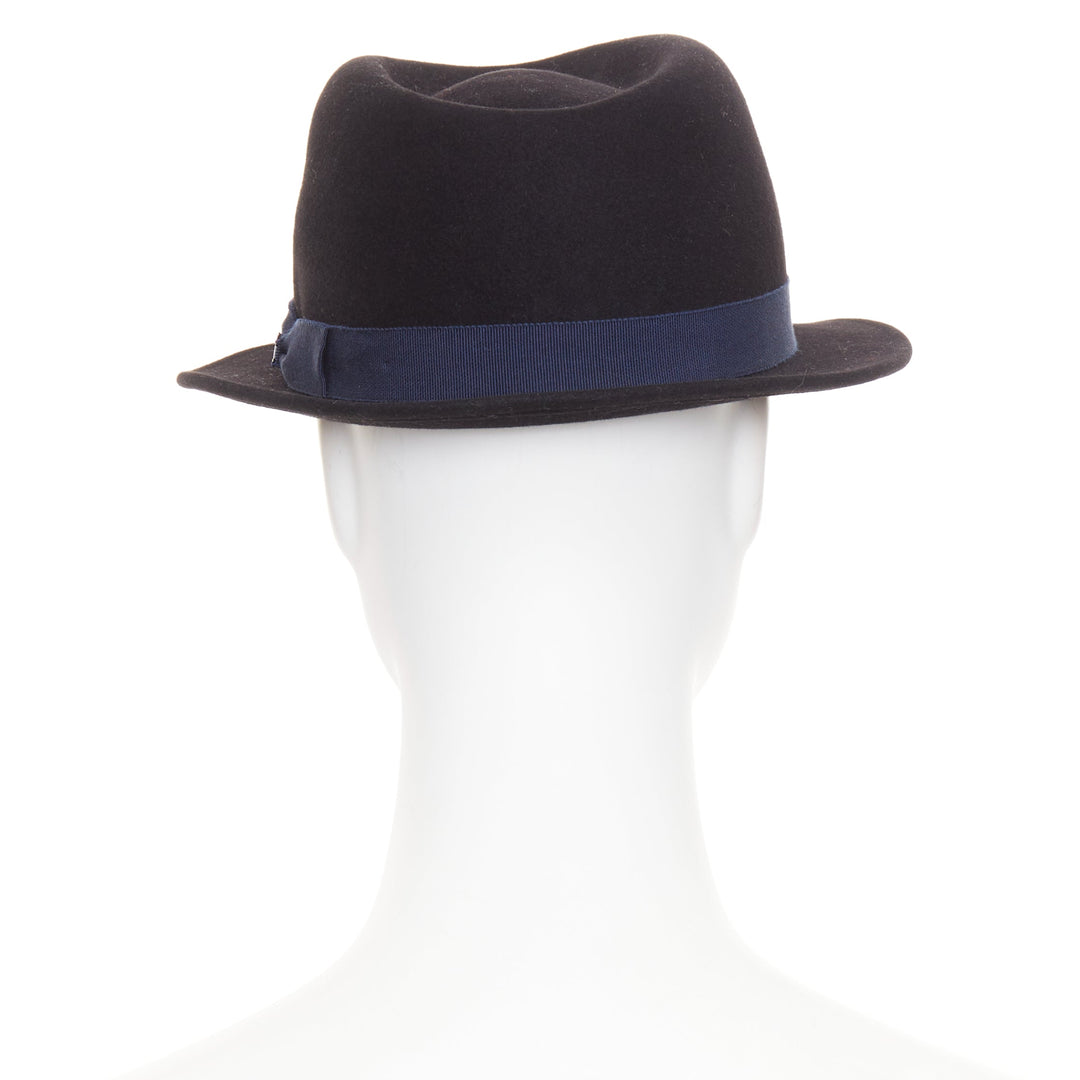 CHANEL 2011 black rabbit felt  navy ribbon trim CC logo fedora hat M