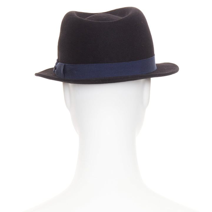 CHANEL 2011 black rabbit felt  navy ribbon trim CC logo fedora hat M