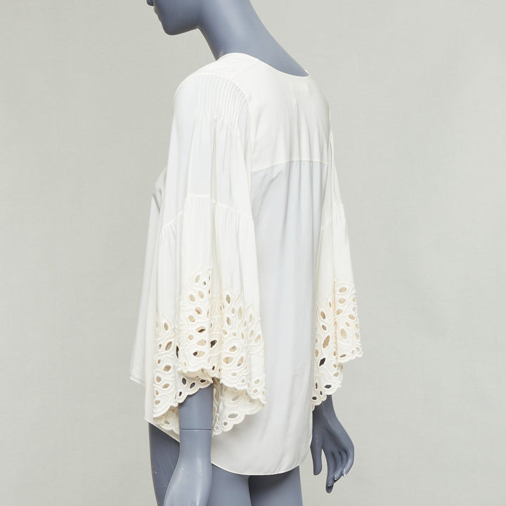 CHLOE milk cream 100% silk cotton lace eyelet trim peasant blouse FR34 XS