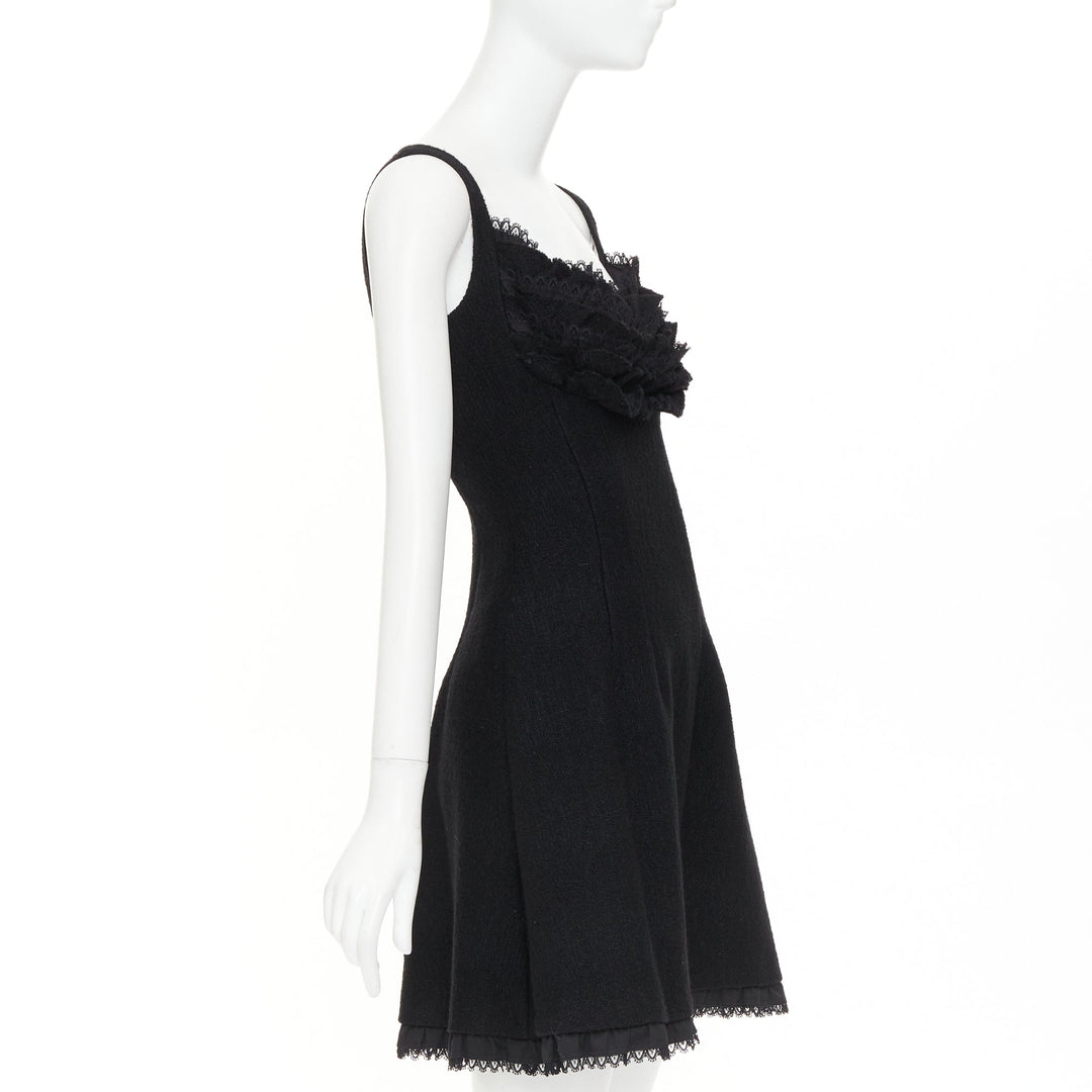 PRADA 2010 Runway black lace trim tiered bustier wool blend mini dress IT40 S