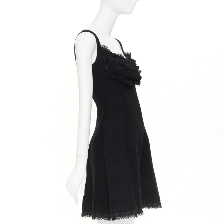 PRADA 2010 Runway black lace trim tiered bustier wool blend mini dress IT40 S