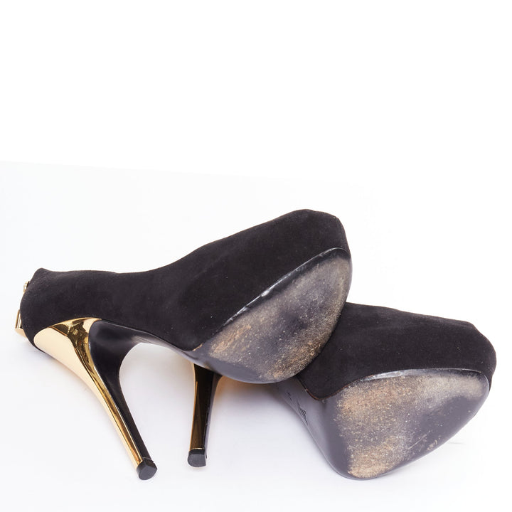 LOUIS VUITTON Oh Really black suede gold LV lock sky high pumps EU37