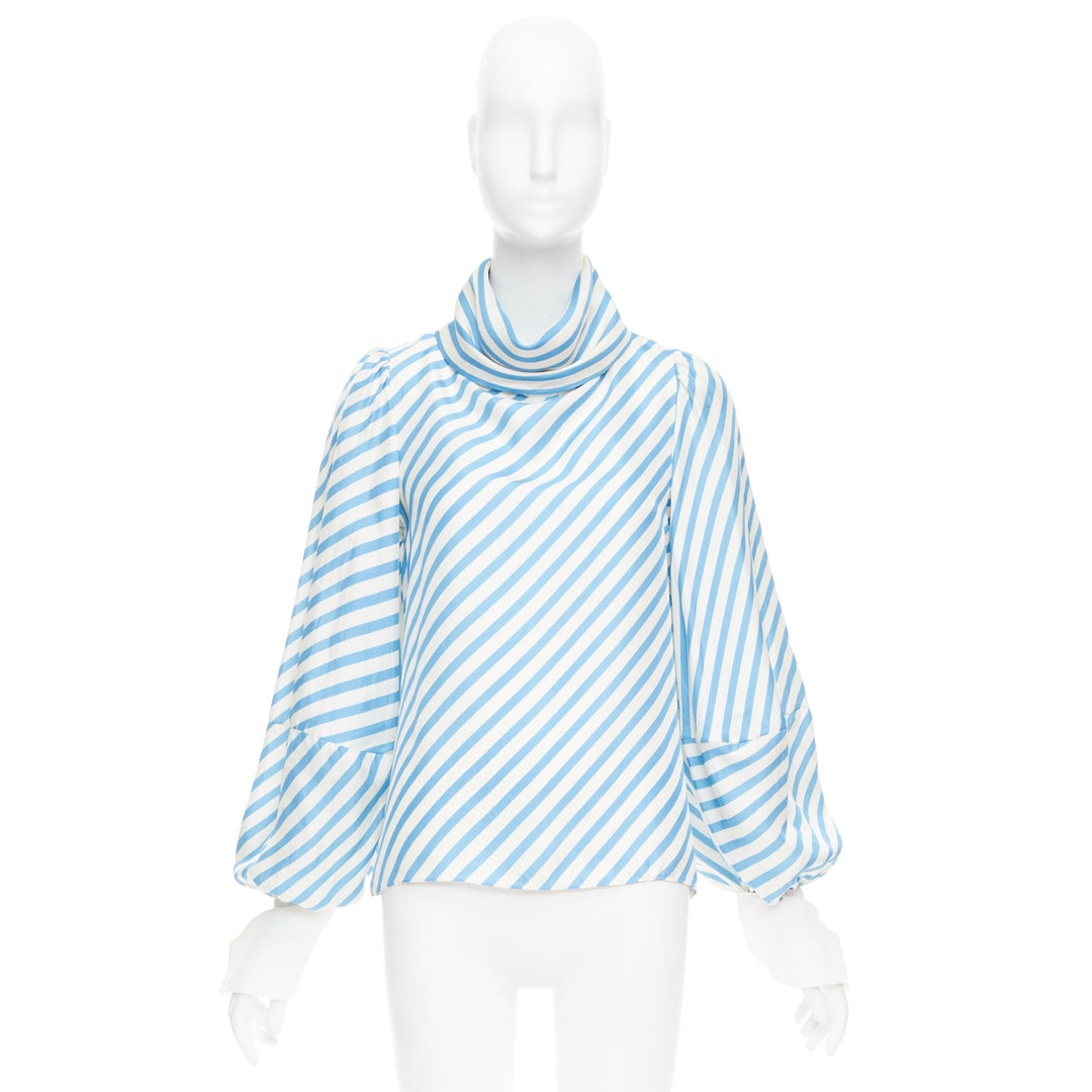 MONSE silk twill blue cream bias cut striped puff sleeve blouse US2 S