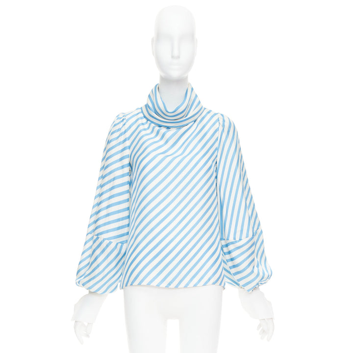 MONSE silk twill blue cream bias cut striped puff sleeve blouse US2 S