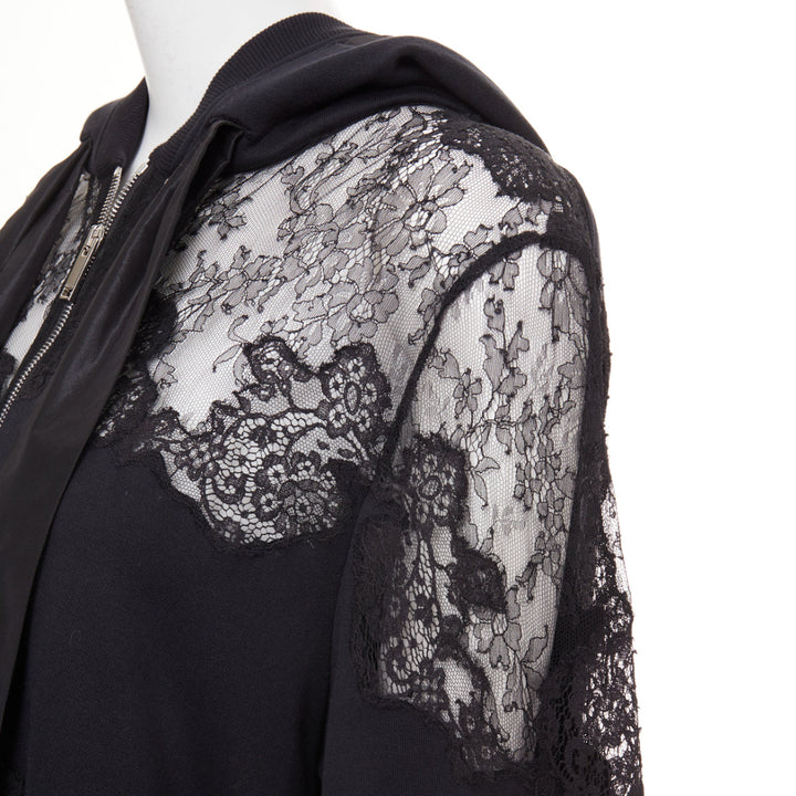 VALENTINO black cotton sheer floral lace panel floral applique half zip hoodie M