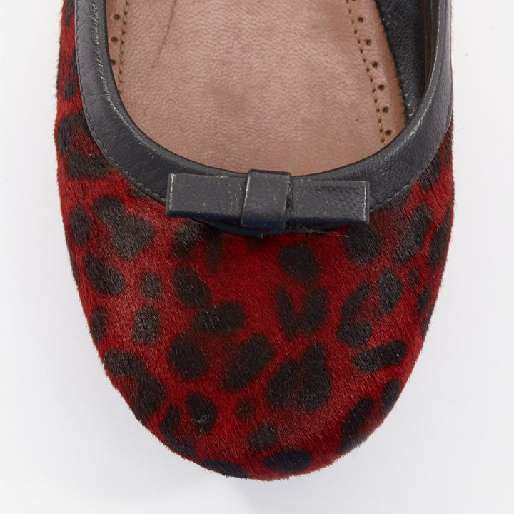 ALAIA red calf hair leopard print black leather trim ballet flats EU37.5