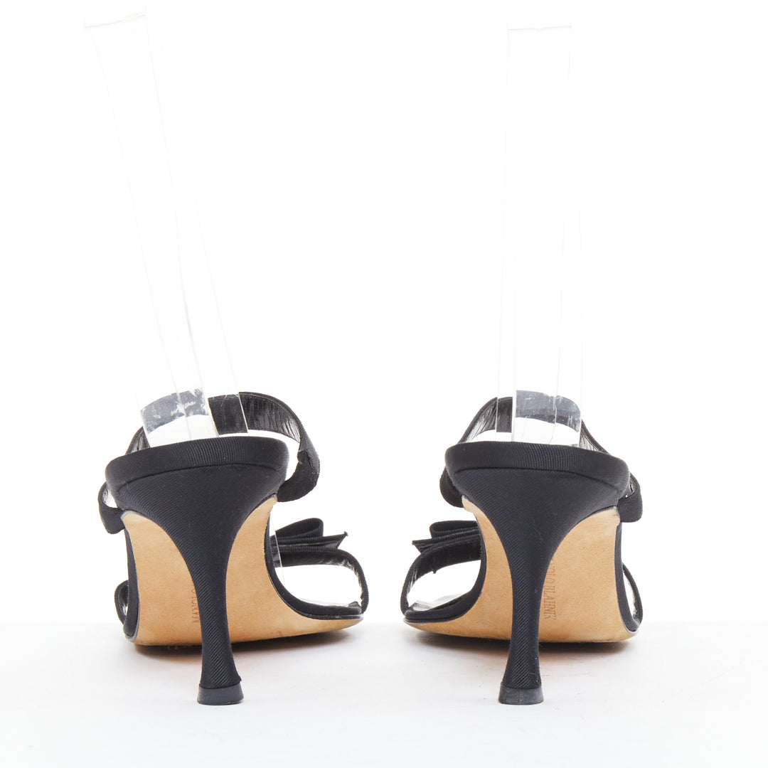 MANOLO BLAHNIK black grosgrain ribbon straps leather spool slipper heels EU37