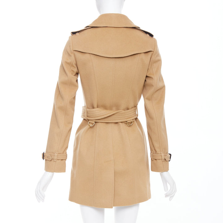 BURBERRY camel wool cashmere black logo buttons classic trench coat UK4 XXS
