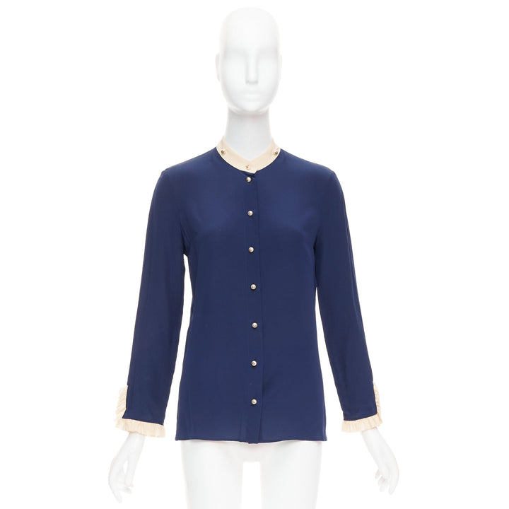 GUCCI 2017 navy 100% silk GG pearl buttons ruffle trim blouse shirt IT40 S