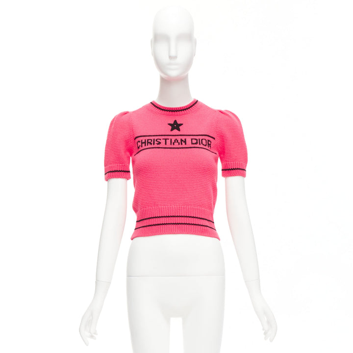 CHRISTIAN DIOR 2022 100% cashmere pink logo puff sleeve crop sweater FR34 XXS