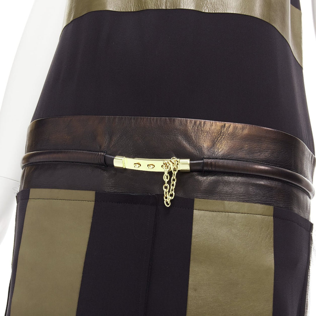 OLD CELINE Phoebe Philo khaki leather black panel gold belt dress FR36 S