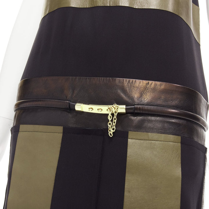 OLD CELINE Phoebe Philo khaki leather black panel gold belt dress FR36 S
