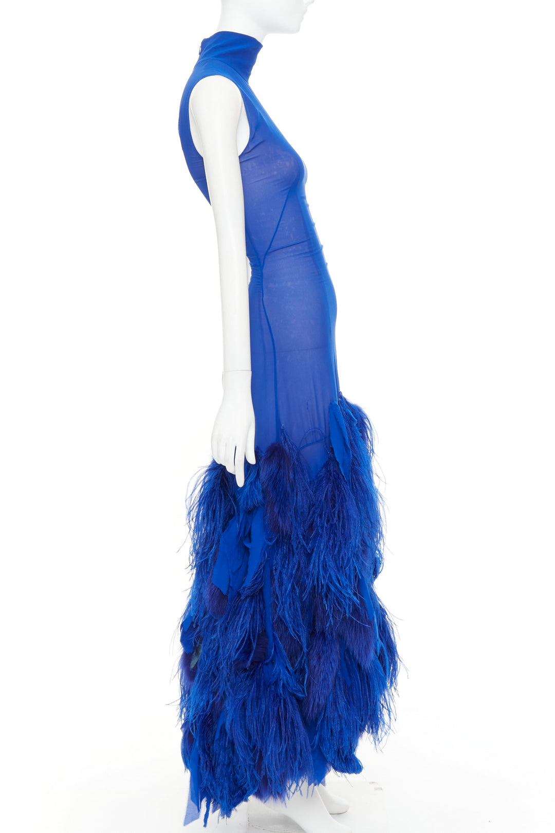 rare ALEXANDRE VAUTHIER COUTURE 2022 Runway Lemarie blue feather fur sheer dress