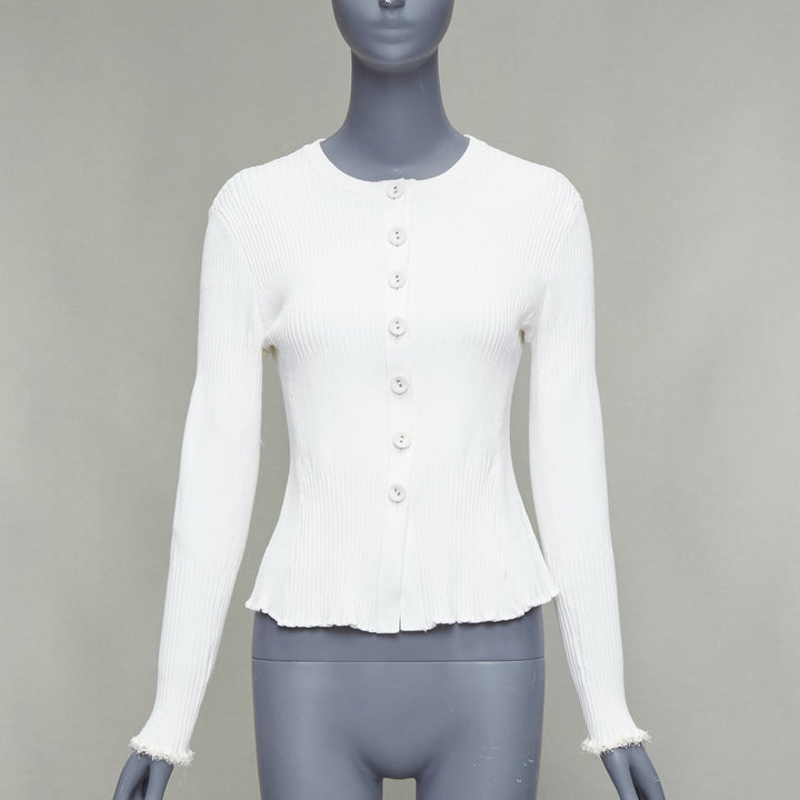 PROENZA SCHOULER white fabric button ribbed fringe trim cardigan M