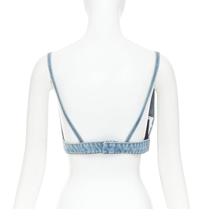 PRADA 2021 Organic Denim Bralette blue washed triangle logo plunge top IT42 M