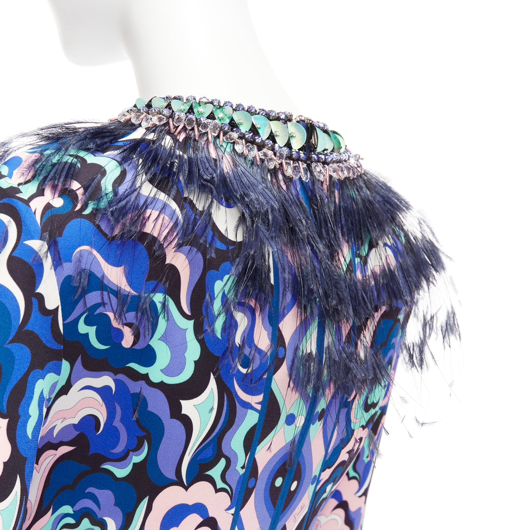 EMILIO PUCCI pink blue ostrich feather collar crystal embellished dress