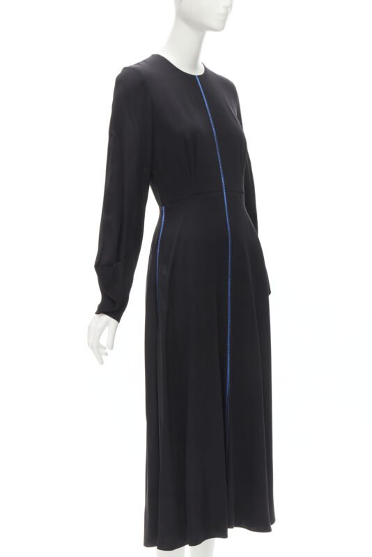 ROKSANDA black silk blue seam detail flared cuff midi dress