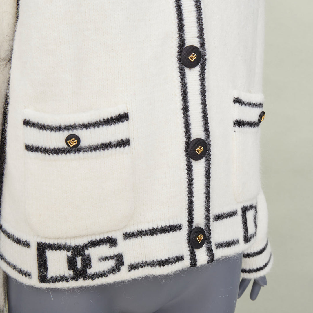DOLCE GABBANA 2021 Runway faux fur panel logo alpaca knitwear cardigan IT38 XS