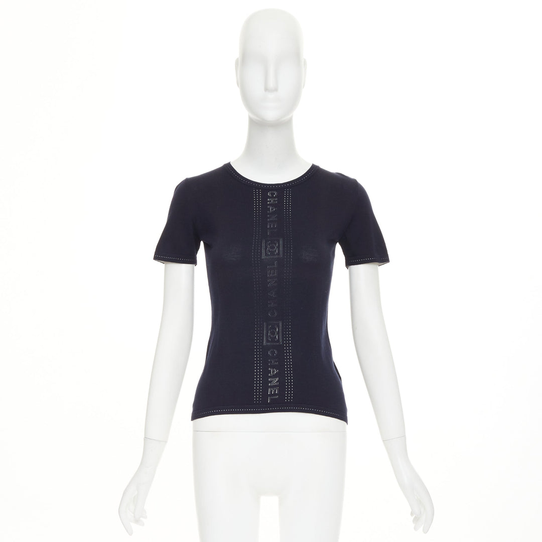 CHANEL SPORT 07C Vintage vertical logo intarsia knit short sleeve top FR34 XXS