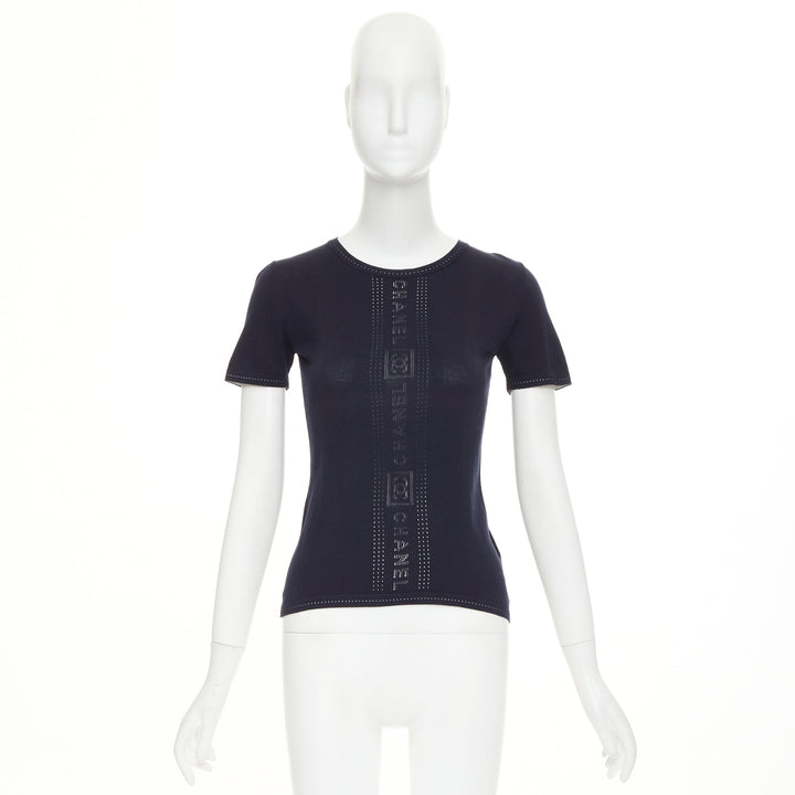 CHANEL SPORT 07C Vintage vertical logo intarsia knit short sleeve top FR34 XXS