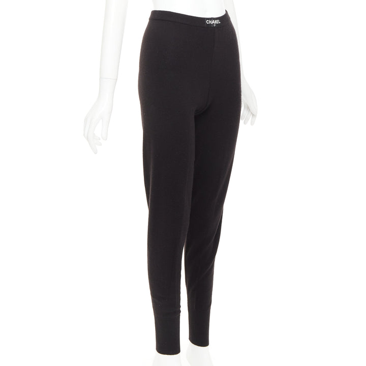 rare CHANEL 93A Vintage black cashmere white logo patch waist jogger pant FR36 S