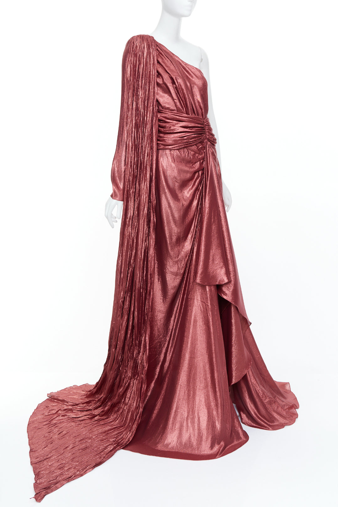 GUCCI 2019 bronze silk blend lame one shoulder asymmetric cape train gown IT40 S