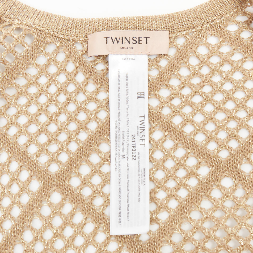 TWINSET 2024  metallic gold lurex mesh diamond open knit lace long cardigan M