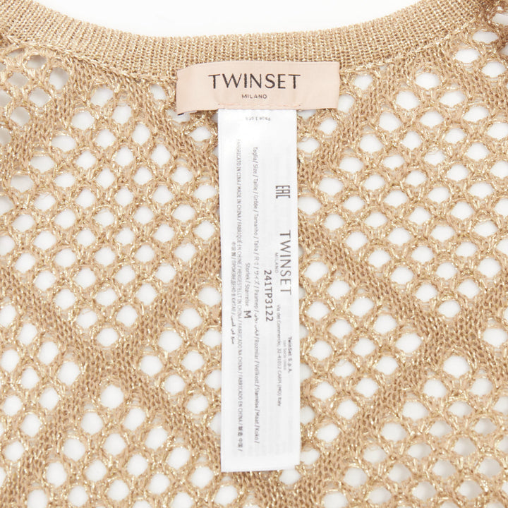 TWINSET 2024  metallic gold lurex mesh diamond open knit lace long cardigan M