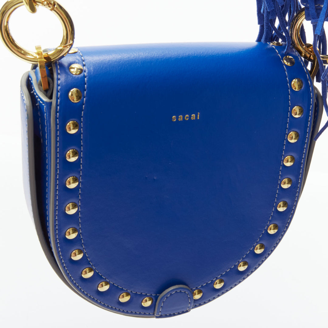 SACAI Horseshow cobalt blue leather suede fringe studs crossbody bag