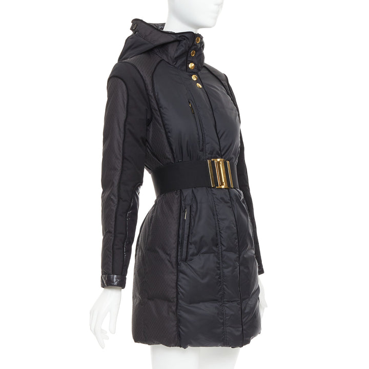 GUCCI 2009 black gold GG logo buckle belt long puffer coat IT38 XS