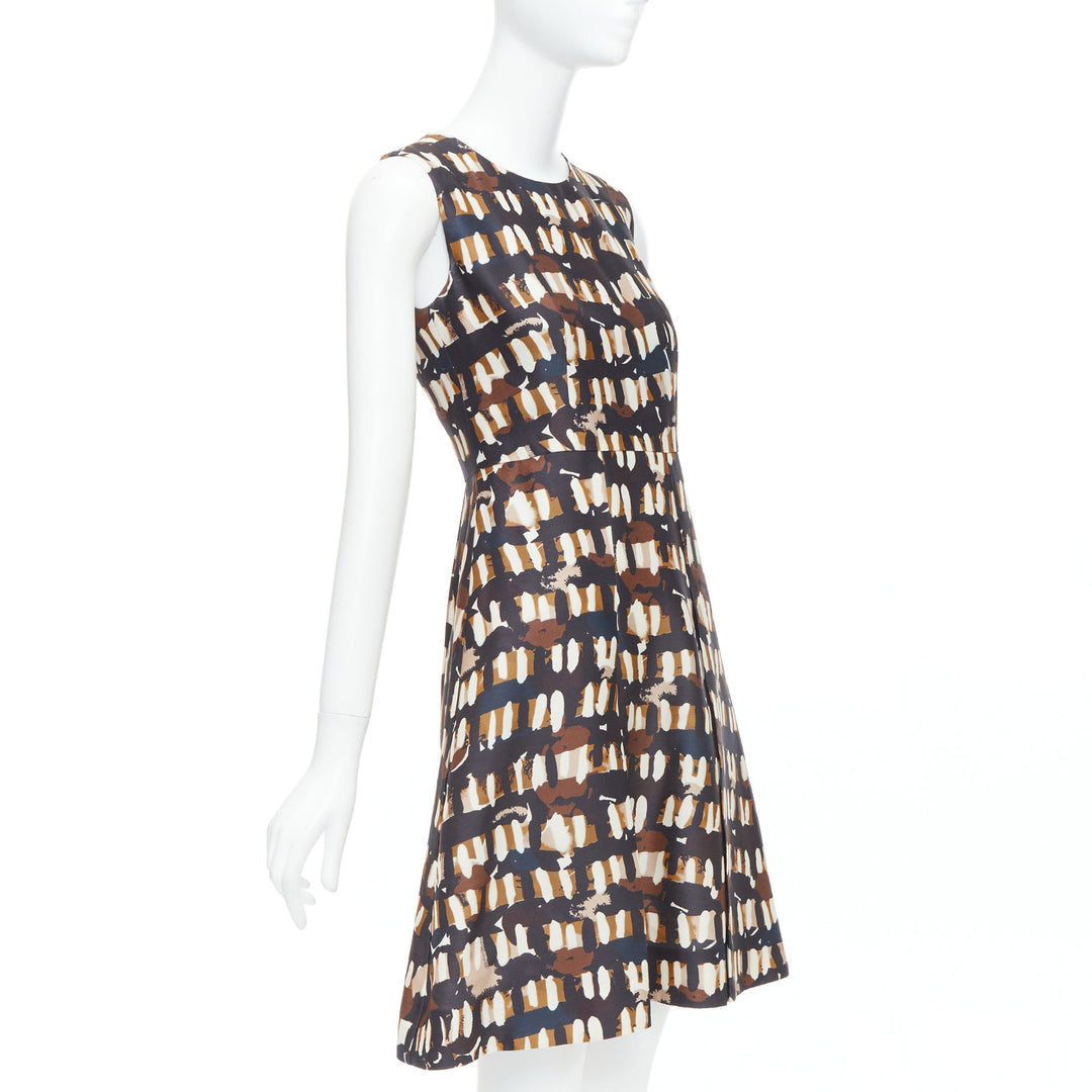 MARNI brown black wool silk abstract print fit flare dress IT38 XS