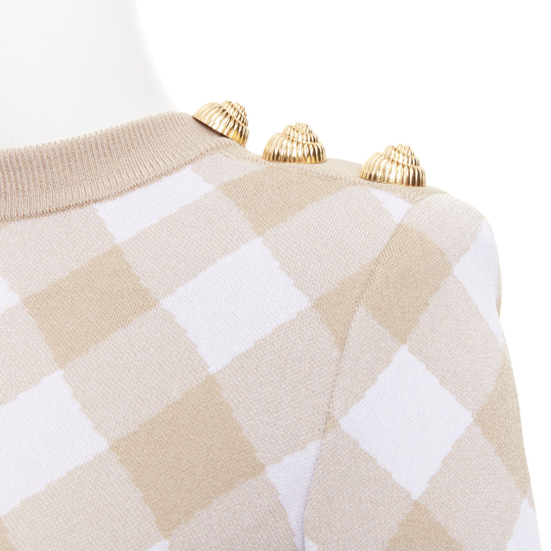 BALMAIN Vichy nude white gingham checkered dress gold buttons dress FR34 XS