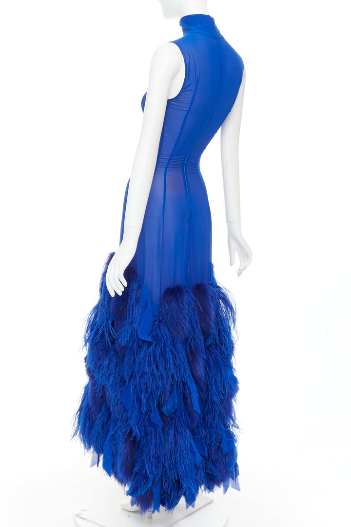 rare ALEXANDRE VAUTHIER COUTURE 2022 Runway Lemarie blue feather fur sheer dress