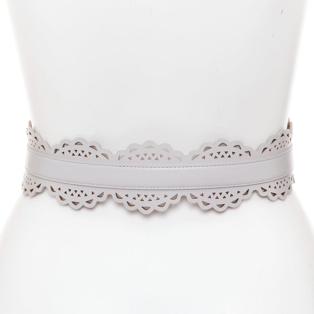 ALAIA light grey leather laser cut details silver buckle scallop belt 65cm