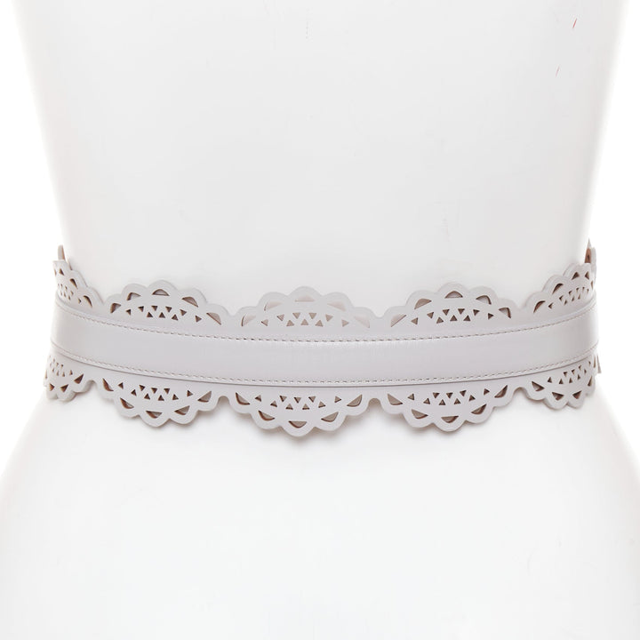 ALAIA light grey leather laser cut details silver buckle scallop belt 65cm